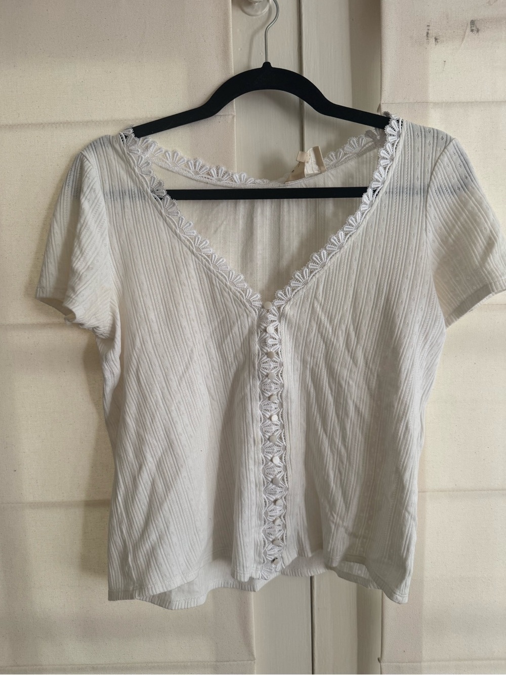 Sezane White Lace-Trim Ribbed V-Neck Top